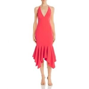 aidan mattox plundging halter crepe hot pink asymmetrical peplum midi dress 6